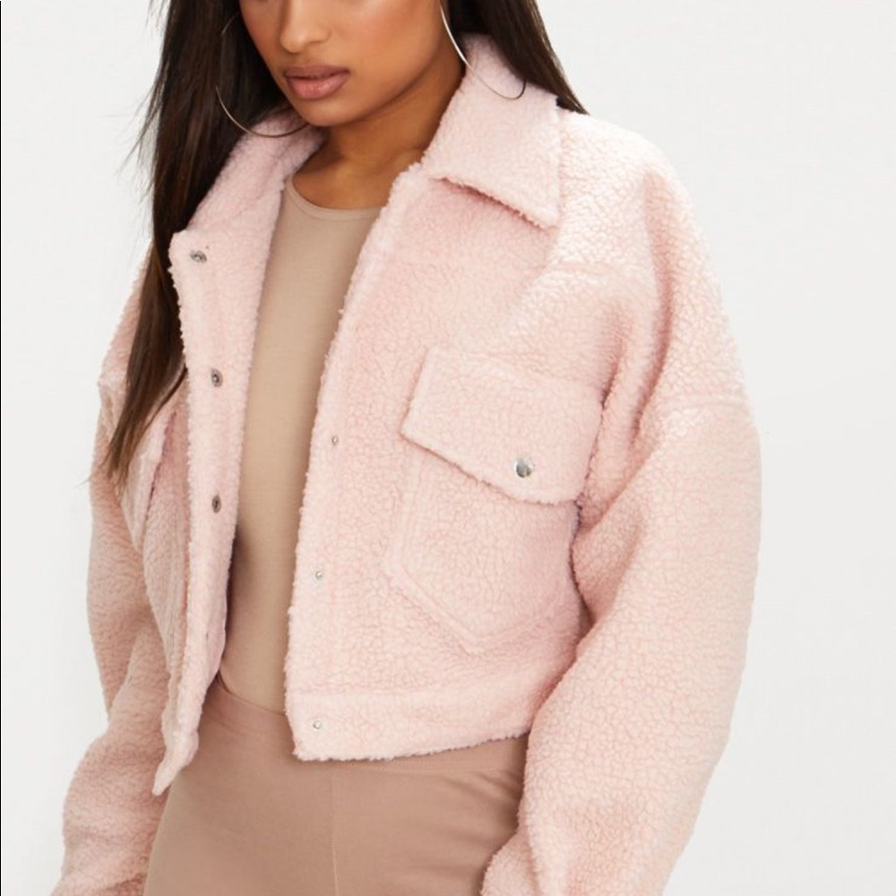 Blush Borg Cropped Trucker Jacket